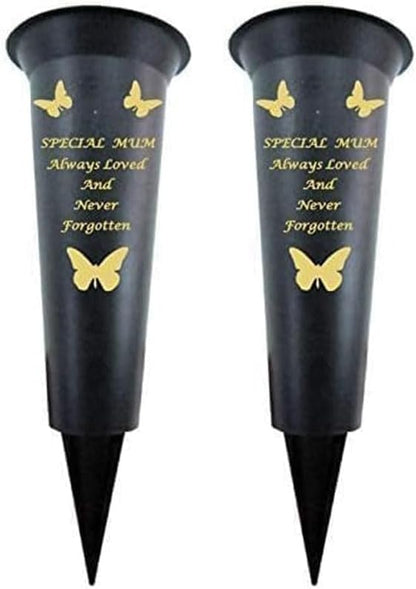 Black Plastic Flower Holders/Memorial Grave Vases Ornaments - Butterfly Spike Grave Flower Vases with Funeral Verses for Your Loved Ones - Pack of 2 (Brother - Pack of 2)