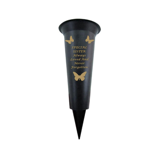 Memorial Grave Vases Ornaments Plastic Flower Holders - Butterfly Spike Grave Flower Vase Holders with Funeral Verses for Your Loved Ones - Black (Sister)