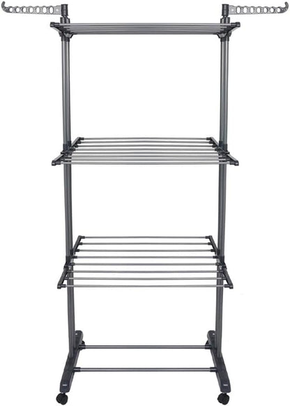 4-Tier Foldable Clothes Drying Rack Airer with Wheels | Large Stainless Steel Indoor Outdoor Laundry Garment Hanger with Adjustable Shelves & Foldable Wings for Towels, Bedding, Clothes, Shoes –Grey