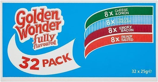 Golden Wonder Blue Snack Box - Fully Flavoured 4 Unique Flavours. Includes 32 Individual Packs (25g Each). A Delicious Variety in Every Box! For Snacking, Sharing, or Parties