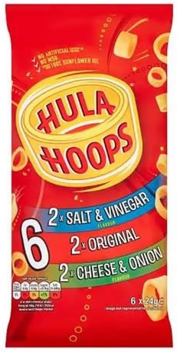 Hula Hoops Crisps Variety | BBQ, Cheese & Onion, Original, Ready Salted, Salt & Vinegar – Classic British Crisps | Flavored Snack Lunchboxes (Pack 3, 2xSalt & Vinegar-2xOriginal-2xCheese & Onion)