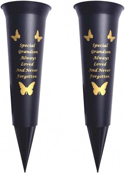 Black Plastic Flower Holders/Memorial Grave Vases Ornaments - Butterfly Spike Grave Flower Vases with Funeral Verses for Your Loved Ones - Pack of 2 (Brother - Pack of 2)