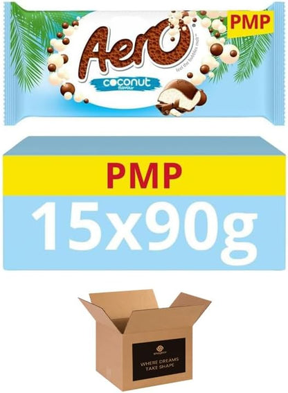 Aeroo Flavoured Aerated Milk Chocolate Sharing Bars - Light & Bubbly Texture | Cocoa Treats for Gifting, Parties, Events or Everyday Choco Treat - 15 x 90g (Aeroo Coconut-15 Bars-90g)