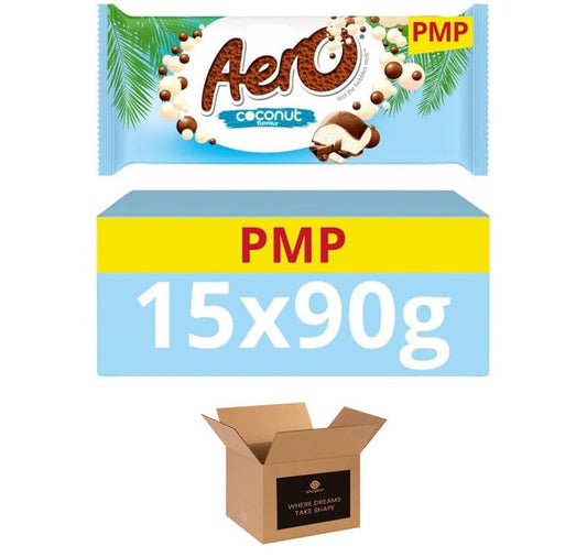 Aeroo Flavoured Aerated Milk Chocolate Sharing Bars - Light & Bubbly Texture | Cocoa Treats for Gifting, Parties, Events or Everyday Choco Treat - 15 x 90g (Aeroo Coconut-15 Bars-90g)