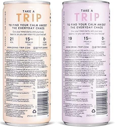 TRIP CBD Drink, Sparkling Elderflower Mint & Peach Ginger Fizzy Drink, Low Calorie, Vegan, Stress & Anxiety Relief (Pack of 12 x 250ml)
