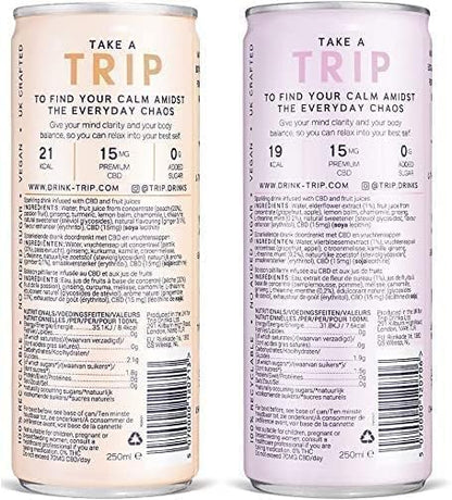 TRIP CBD Drink, Sparkling Elderflower Mint & Peach Ginger Fizzy Drink, Low Calorie, Vegan, Stress & Anxiety Relief (Pack of 12 x 250ml)