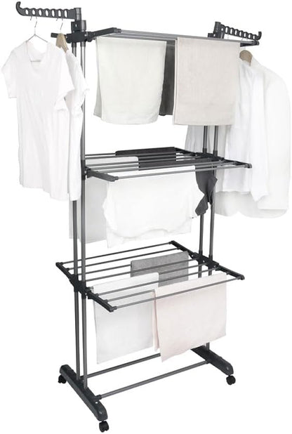 4-Tier Foldable Clothes Drying Rack Airer with Wheels | Large Stainless Steel Indoor Outdoor Laundry Garment Hanger with Adjustable Shelves & Foldable Wings for Towels, Bedding, Clothes, Shoes –Grey
