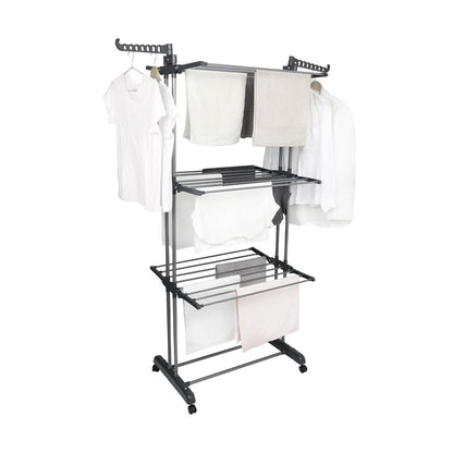 4-Tier Foldable Clothes Drying Rack Airer with Wheels | Large Stainless Steel Indoor Outdoor Laundry Garment Hanger with Adjustable Shelves & Foldable Wings for Towels, Bedding, Clothes, Shoes –Grey