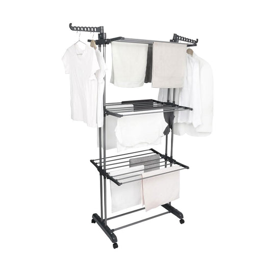 4-Tier Foldable Clothes Drying Rack Airer with Wheels | Large Stainless Steel Indoor Outdoor Laundry Garment Hanger with Adjustable Shelves & Foldable Wings for Towels, Bedding, Clothes, Shoes –Grey