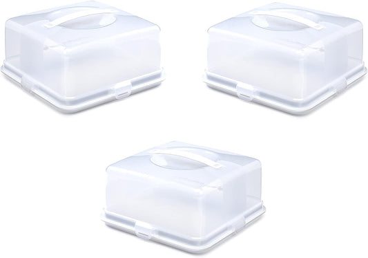 Airtight BPA-free Plastic Reusable Storage Cake Box | Portable Takeaway Food Storage Container with Lid | Cake Carrier with Handle Box | Lockable Cover Box Multipack (Plastic, Three Pack Square)