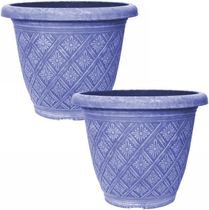 33cm 13inch Round Garden Plant Pot – Outdoor Decorative Planter – Weatherproof Plastic Woven Flower Pot with Drainage Holes – Indoor Outdoor Pot for Gardens, Balconies & Windowsills (Blue, Pack 2)