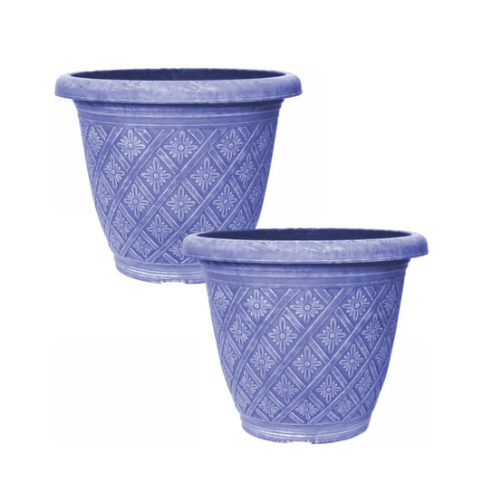 33cm 13inch Round Garden Plant Pot – Outdoor Decorative Planter – Weatherproof Plastic Woven Flower Pot with Drainage Holes – Indoor Outdoor Pot for Gardens, Balconies & Windowsills (Blue, Pack 2)