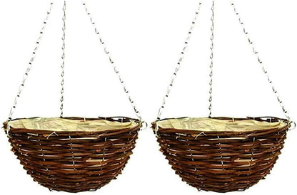 36cm 14Inch Hanging Wicker Basket Planters – Natural Rattan Willow Hanging Flower Pots with Polythene Liner & Metal Chain – Large Decorative Hanging Planters for Indoor & Outdoor Garden, Balcony ( 2 )