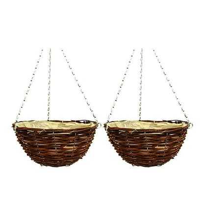 36cm 14Inch Hanging Wicker Basket Planters – Natural Rattan Willow Hanging Flower Pots with Polythene Liner & Metal Chain – Large Decorative Hanging Planters for Indoor & Outdoor Garden, Balcony ( 2 )