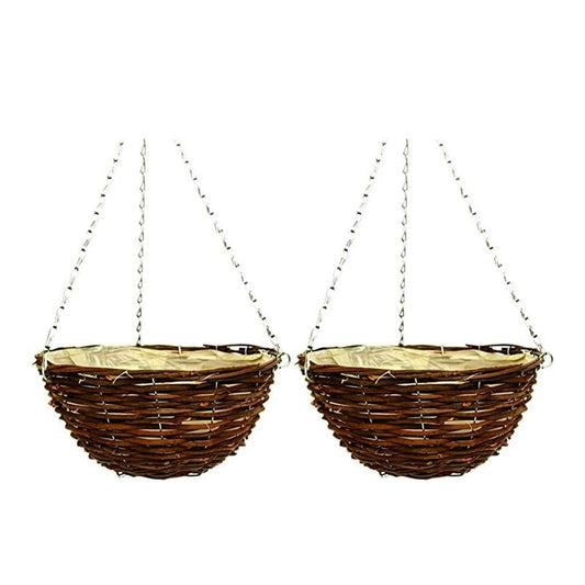 36cm 14Inch Hanging Wicker Basket Planters – Natural Rattan Willow Hanging Flower Pots with Polythene Liner & Metal Chain – Large Decorative Hanging Planters for Indoor & Outdoor Garden, Balcony ( 2 )