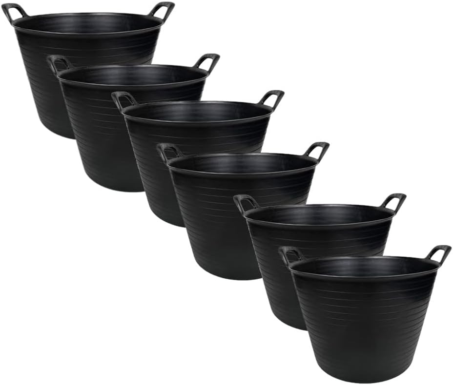 42L Large Black Flexi Tub – Heavy Duty Flexible Rubber Storage Bucket with Handles | Multi Purpose Container for Garden Waste, DIY, Builders, Stable Feed, Home, Indoor Outdoor Use (42L-Black (Pack 4))