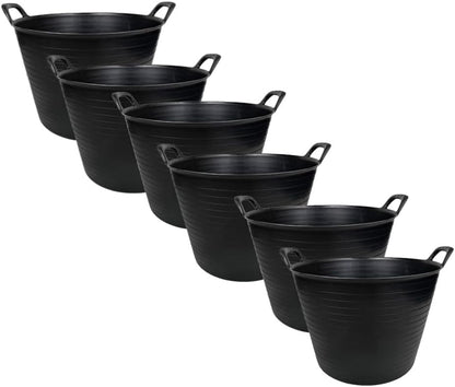 42L Large Black Flexi Tub – Heavy Duty Flexible Rubber Storage Bucket with Handles | Multi Purpose Container for Garden Waste, DIY, Builders, Stable Feed, Home, Indoor Outdoor Use (42L-Black (Pack 4))
