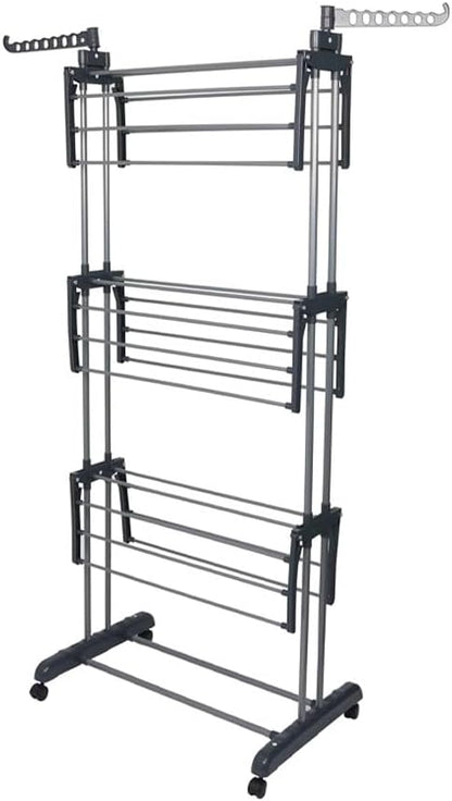 4-Tier Foldable Clothes Drying Rack Airer with Wheels | Large Stainless Steel Indoor Outdoor Laundry Garment Hanger with Adjustable Shelves & Foldable Wings for Towels, Bedding, Clothes, Shoes –Grey
