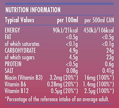 Rubicon RAW 12 Pack Raspberry & Blueberry 500ml Energy Drink, 20% Real Fruit Juice, High caffeine with B-Vitamins, Ginseng & Guarana, No Artificial Colours or Flavours, Reduce Tiredness & Boost Energy