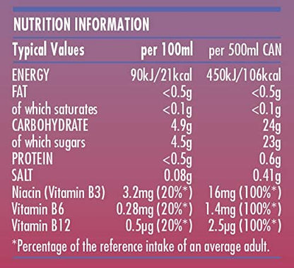 Rubicon RAW 12 Pack Raspberry & Blueberry 500ml Energy Drink, 20% Real Fruit Juice, High caffeine with B-Vitamins, Ginseng & Guarana, No Artificial Colours or Flavours, Reduce Tiredness & Boost Energy