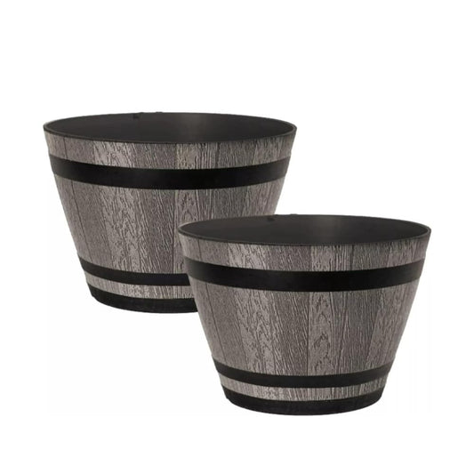 Plastic Whiskey Barrel Planter, Brown Ash 4L Capacity-Outdoor Garden Decor Plant Pot with Drainage Holes - Weatherproof, UV-Resistant Garden Pots-Indoor & Outdoor Flower/Plant Pot (30cm 12inch 2Pack)