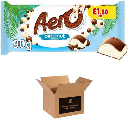 Aeroo Flavoured Aerated Milk Chocolate Sharing Bars - Light & Bubbly Texture | Cocoa Treats for Gifting, Parties, Events or Everyday Choco Treat - 15 x 90g (Aeroo Coconut-15 Bars-90g)
