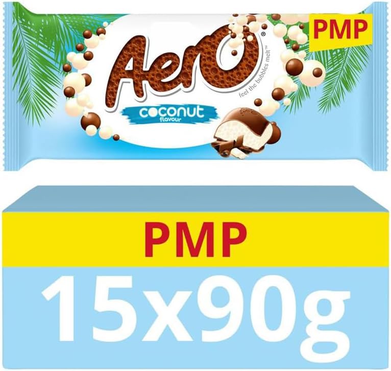 Aeroo Flavoured Aerated Milk Chocolate Sharing Bars - Light & Bubbly Texture | Cocoa Treats for Gifting, Parties, Events or Everyday Choco Treat - 15 x 90g (Aeroo Coconut-15 Bars-90g)