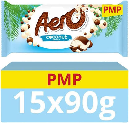 Aeroo Flavoured Aerated Milk Chocolate Sharing Bars - Light & Bubbly Texture | Cocoa Treats for Gifting, Parties, Events or Everyday Choco Treat - 15 x 90g (Aeroo Coconut-15 Bars-90g)