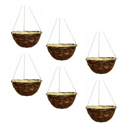 shopior 30cm 12Inch Hanging Wicker Basket Planters – Natural Rattan Willow Hanging Flower Pots with Polythene Liner & Sturdy Metal Chain – Large Decorative Planters for Indoor & Outdoor (Pack 6)