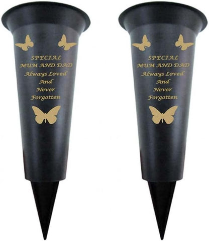 Black Plastic Flower Holders/Memorial Grave Vases Ornaments - Butterfly Spike Grave Flower Vases with Funeral Verses for Your Loved Ones - Pack of 2 (Brother - Pack of 2)