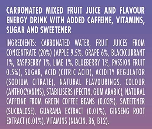 Rubicon RAW 12 Pack Raspberry & Blueberry 500ml Energy Drink, 20% Real Fruit Juice, High caffeine with B-Vitamins, Ginseng & Guarana, No Artificial Colours or Flavours, Reduce Tiredness & Boost Energy