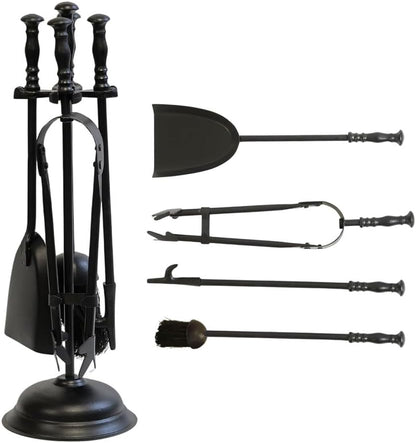 shopior 5PC Cast Iron Fireside Tool Set–Wrought Iron Companion Fireplace Set with Stand, Shovel, Poker, Brush & Tongs – Firepit & Wood Burner Traditional Accessories for Stove, Log Burner & Open Fires