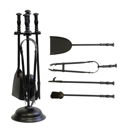 shopior 5PC Cast Iron Fireside Tool Set–Wrought Iron Companion Fireplace Set with Stand, Shovel, Poker, Brush & Tongs – Firepit & Wood Burner Traditional Accessories for Stove, Log Burner & Open Fires