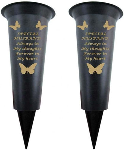 Black Plastic Flower Holders/Memorial Grave Vases Ornaments - Butterfly Spike Grave Flower Vases with Funeral Verses for Your Loved Ones - Pack of 2 (Brother - Pack of 2)