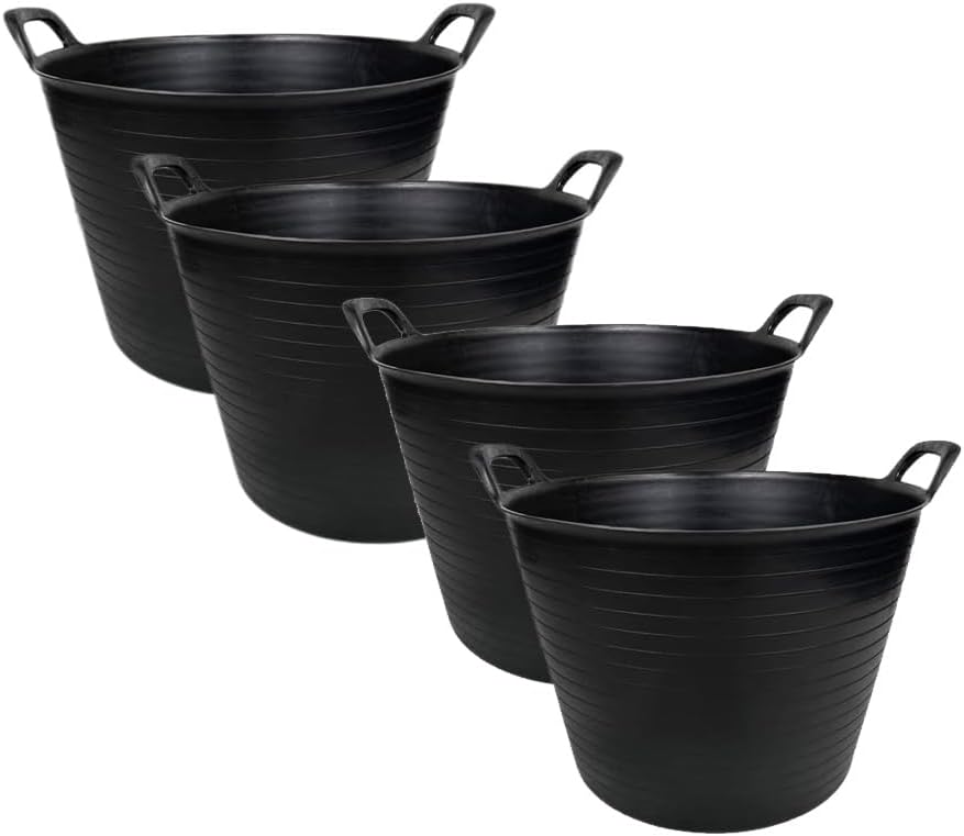 42L Large Black Flexi Tub – Heavy Duty Flexible Rubber Storage Bucket with Handles | Multi Purpose Container for Garden Waste, DIY, Builders, Stable Feed, Home, Indoor Outdoor Use (42L-Black (Pack 4))