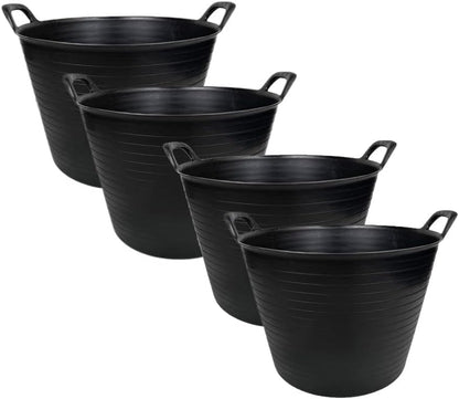 42L Large Black Flexi Tub – Heavy Duty Flexible Rubber Storage Bucket with Handles | Multi Purpose Container for Garden Waste, DIY, Builders, Stable Feed, Home, Indoor Outdoor Use (42L-Black (Pack 4))