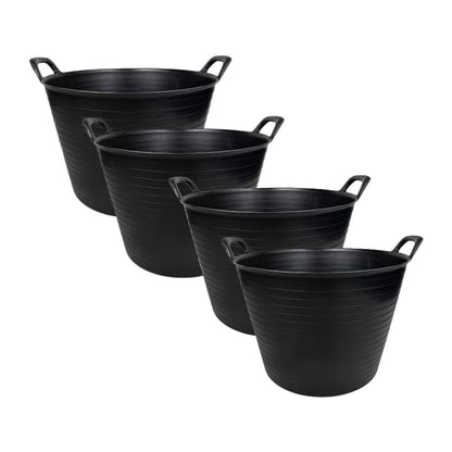 42L Large Black Flexi Tub – Heavy Duty Flexible Rubber Storage Bucket with Handles | Multi Purpose Container for Garden Waste, DIY, Builders, Stable Feed, Home, Indoor Outdoor Use (42L-Black (Pack 4))