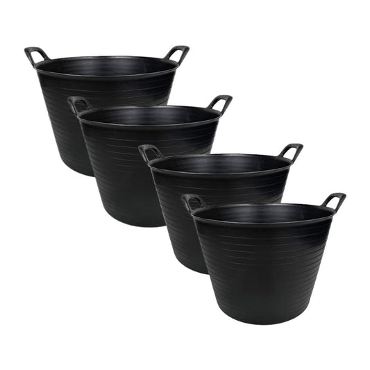 42L Large Black Flexi Tub – Heavy Duty Flexible Rubber Storage Bucket with Handles | Multi Purpose Container for Garden Waste, DIY, Builders, Stable Feed, Home, Indoor Outdoor Use (42L-Black (Pack 4))