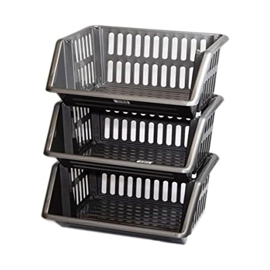 Compact 3 Tier Stackable Kitchen Sink Organiser| Durable Plastic Storage Basket | Multi-Purpose Stacking Basket | Kitchen Shelves Veg Rack, Plastic Fruit Storage Stand (Silver, 18 Centimetres)