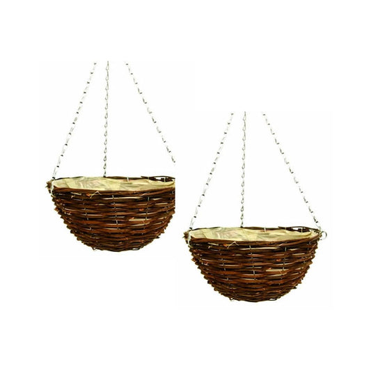 shopior Wicker Basket Planters – Natural Rattan Willow Hanging Flower Pots with Polythene Liner & Metal Chain – Large Decorative Hanging Planters for Indoor & Outdoor Garden, Balcony, 36cm 14Inch (2)