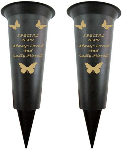 Black Plastic Flower Holders/Memorial Grave Vases Ornaments - Butterfly Spike Grave Flower Vases with Funeral Verses for Your Loved Ones - Pack of 2 (Brother - Pack of 2)