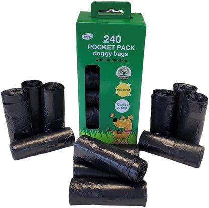 TidyZ 240 DOGGY BAGS WITH TIE HANDLES, POCKET PACK, FRAGRANCED, BLACK (12 rolls of 20 Bags)