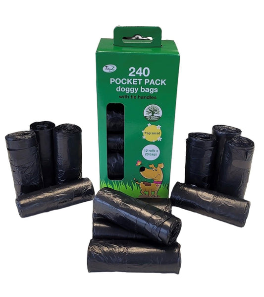 TidyZ 240 DOGGY BAGS WITH TIE HANDLES, POCKET PACK, FRAGRANCED, BLACK (12 rolls of 20 Bags)