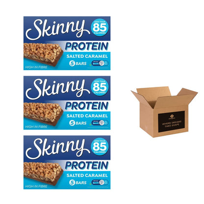 Skinny Protein Bars – Low Calorie High Fibre Healthy Snack Bars Under 95 Calories | Protein Treats for Weight Loss & Slimming Plans, Cereal Bars Healthy Snacks (Pack 3(15 Bars), Salted Caramel)