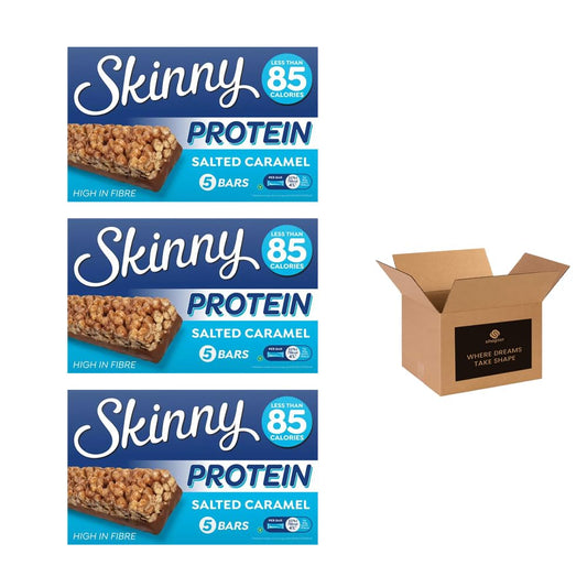 Skinny Protein Bars – Low Calorie High Fibre Healthy Snack Bars Under 95 Calories | Protein Treats for Weight Loss & Slimming Plans, Cereal Bars Healthy Snacks (Pack 3(15 Bars), Salted Caramel)
