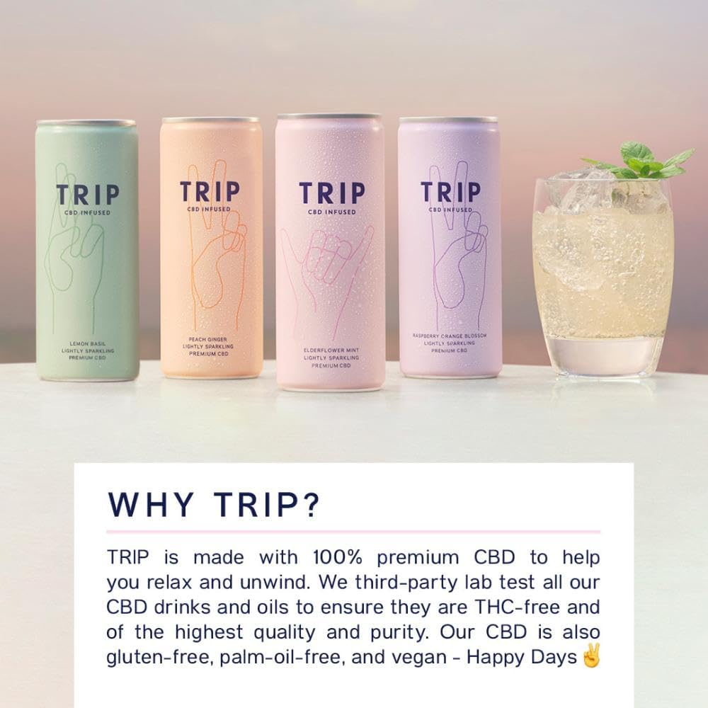TRIP CBD Drink, Sparkling Elderflower Mint & Peach Ginger Fizzy Drink, Low Calorie, Vegan, Stress & Anxiety Relief (Pack of 12 x 250ml)