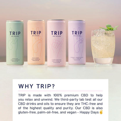 TRIP CBD Drink, Sparkling Elderflower Mint & Peach Ginger Fizzy Drink, Low Calorie, Vegan, Stress & Anxiety Relief (Pack of 12 x 250ml)