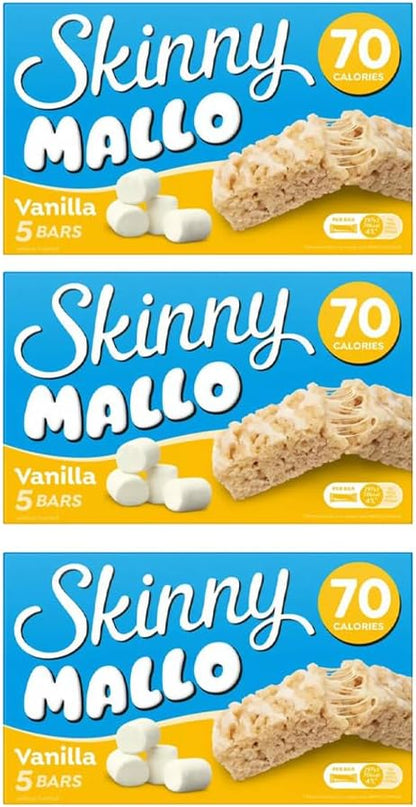 5 × Skinny Mallo Bars – Low Calorie Marshmallow Cereal Bars | Under 70 Calories Sweet Snack Treats for Kids & Adults, Healthy Snack Bars for Lunchboxes | (Pack 3(15 Bars), Vanilla)