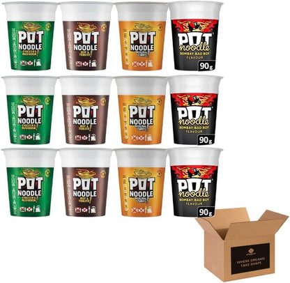 Noodle Multipack 12 – 3x Beef & Tomato, 3x Chicken & Mushroom, 3x Curry, 3x Bombay Bad Boy – Quick and Easy Instant Noodles, Ready Meal, Snack for Home, Office, Student, Camping, Travel – 90g Pots