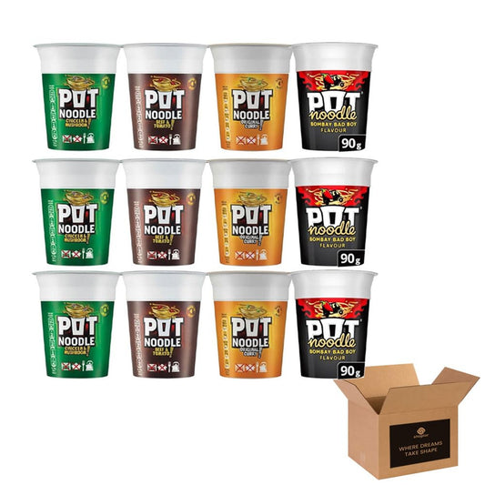 Noodle Multipack 12 – 3x Beef & Tomato, 3x Chicken & Mushroom, 3x Curry, 3x Bombay Bad Boy – Quick and Easy Instant Noodles, Ready Meal, Snack for Home, Office, Student, Camping, Travel – 90g Pots